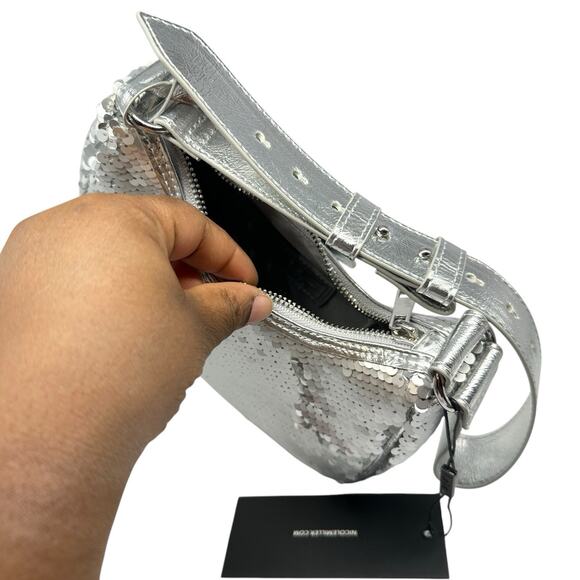 Nicole Miller Silver Sequin Shiny Strap Shoulder Bag Purse Logo Formal Dressy - Picture 6 of 8